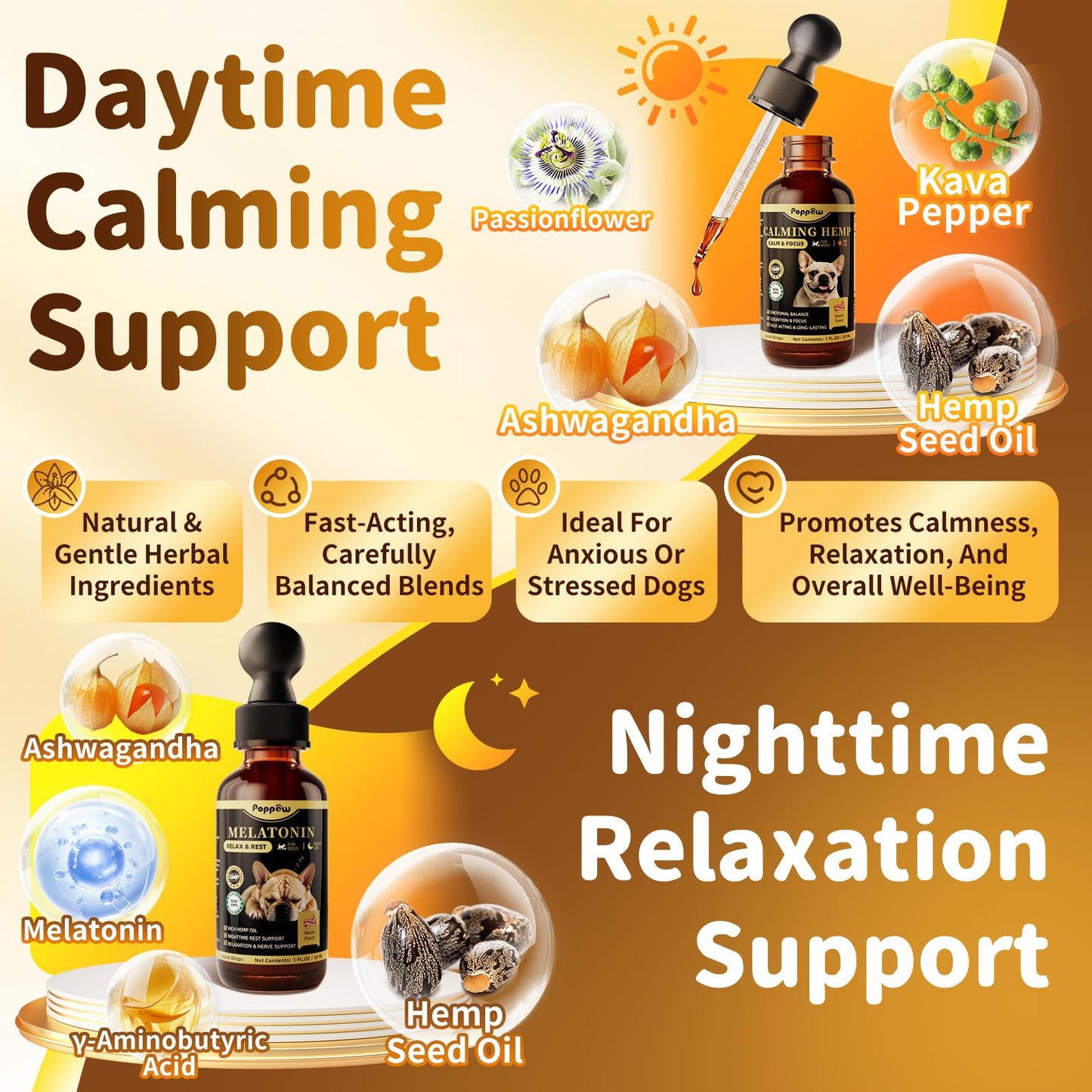 POPPAW Dog Calming & Melatonin Drops, Day & Night Calm Support Set, Anxiety & Stress Support Calming Treat, Enhance Calmness & Sleep for Separation, Travel, Fireworks & Thunder, Bacon Flavor, 2 FL.Oz