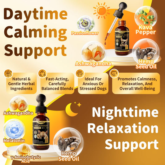 POPPAW Dog Calming & Melatonin Drops, Day & Night Calm Support Set, Anxiety & Stress Support Calming Treat, Enhance Calmness & Sleep for Separation, Travel, Fireworks & Thunder, Bacon Flavor, 2 FL.Oz