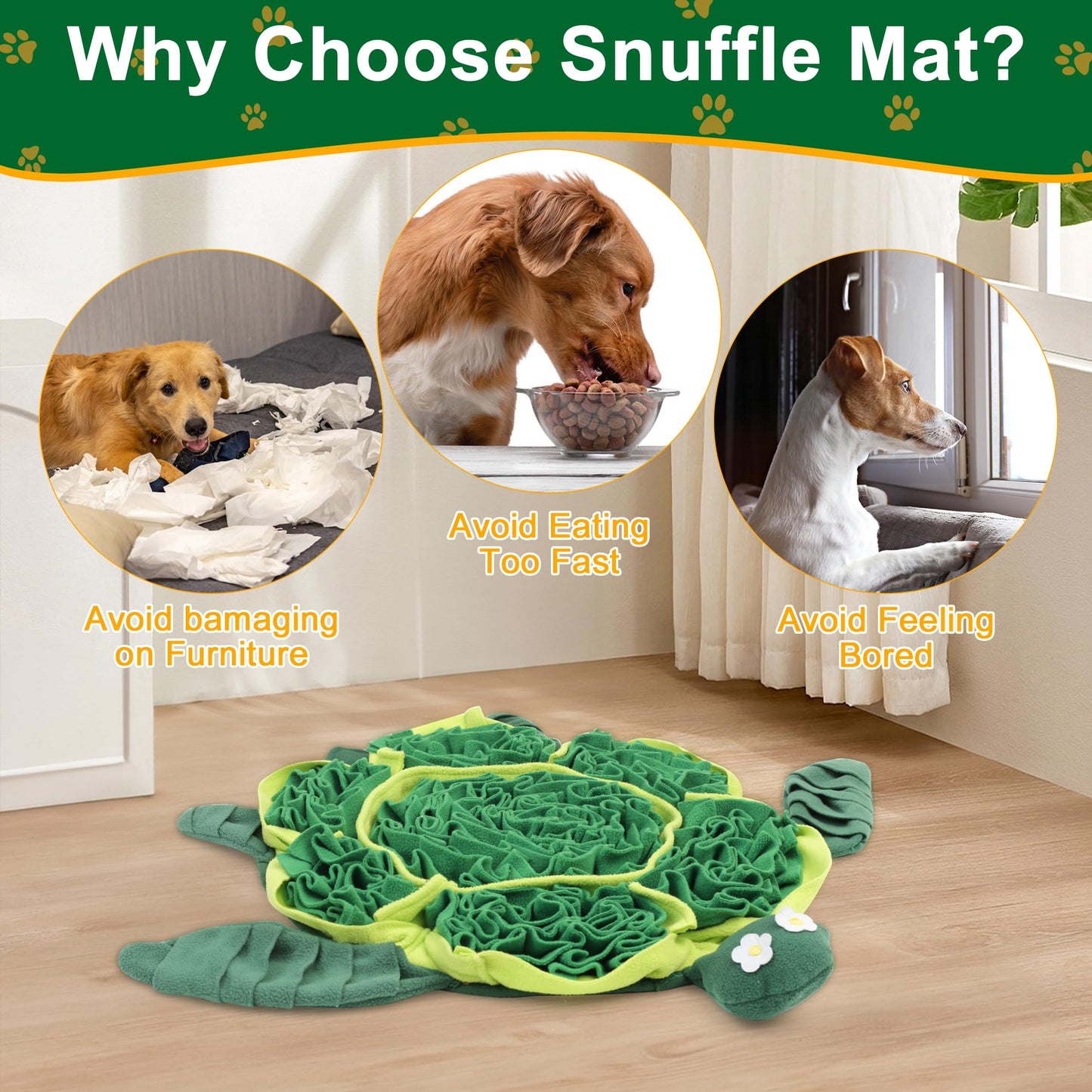 FLERDMAU Snuffle Mat for Dogs Toys - Dog Toys to Keep Them Busy | Dog Puzzle Slow Feeder Treat Toy | Interactive Dog Toys and Dog Feeding Mats | Dog Lick Mat Enhancement (Green)