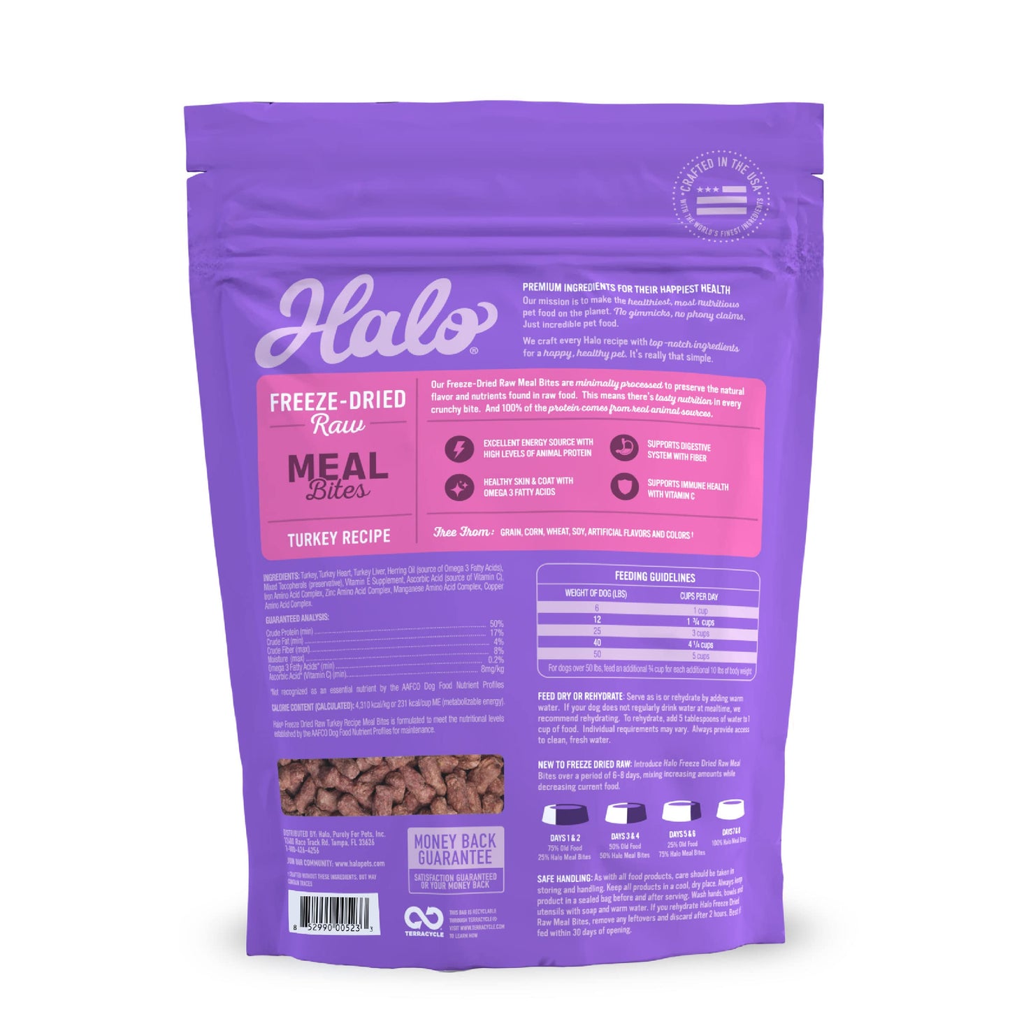 Halo Freeze Dried Raw Dog Food, Turkey Recipe, 100% Protein Source, Real Meat for Natural Energy, Meal Bites, 14 Oz Bag