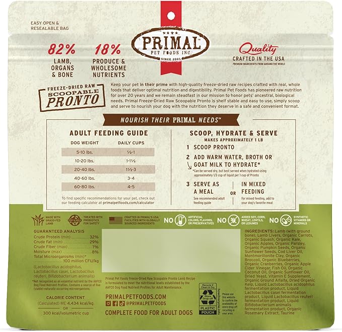 Primal Freeze Dried Dog Food, Pronto Mini Nuggets, Lamb; Scoop & Serve, Complete & Balanced Meal; Also Use as Topper or Treat; Premium, Healthy, Grain Free, High Protein Raw Dog Food (16 oz)