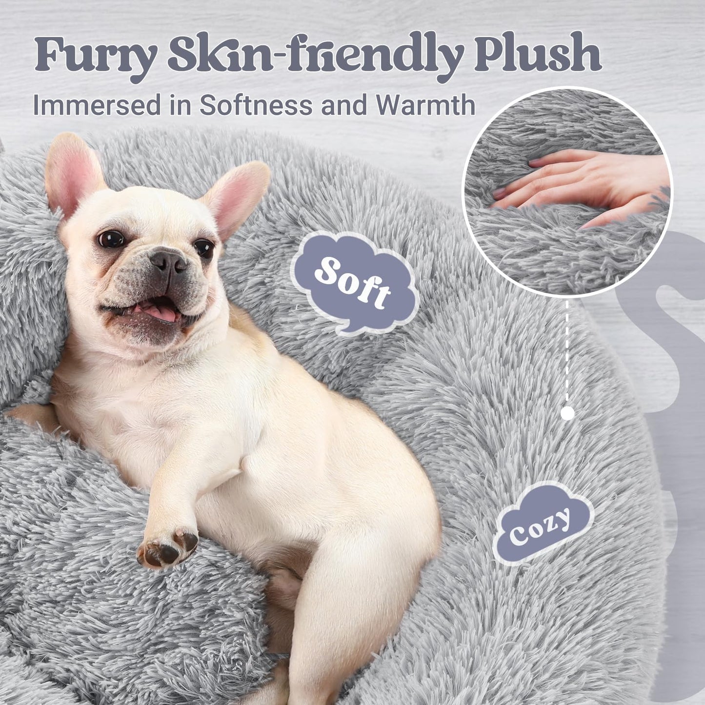 rabbitgoo Calming Dog Bed for Small Medium, 27 inches Pet Bed Machine Washable, Non-Slip Round Fluffy Plush Faux Fur, Soft Donut Cuddler Cushion for Small Dogs, Light Grey