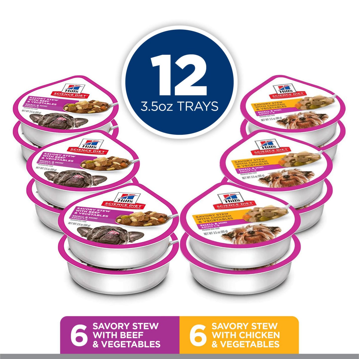 Hill's Science Diet Small & Mini, Adult 1-6, Small & Mini Breeds Premium Nutrition, Wet Dog Food, Variety Pack: Chicken & Vegetables; Salmon & Vegetables Stew, 3.5 oz Tray Variety Pack, Case of 12