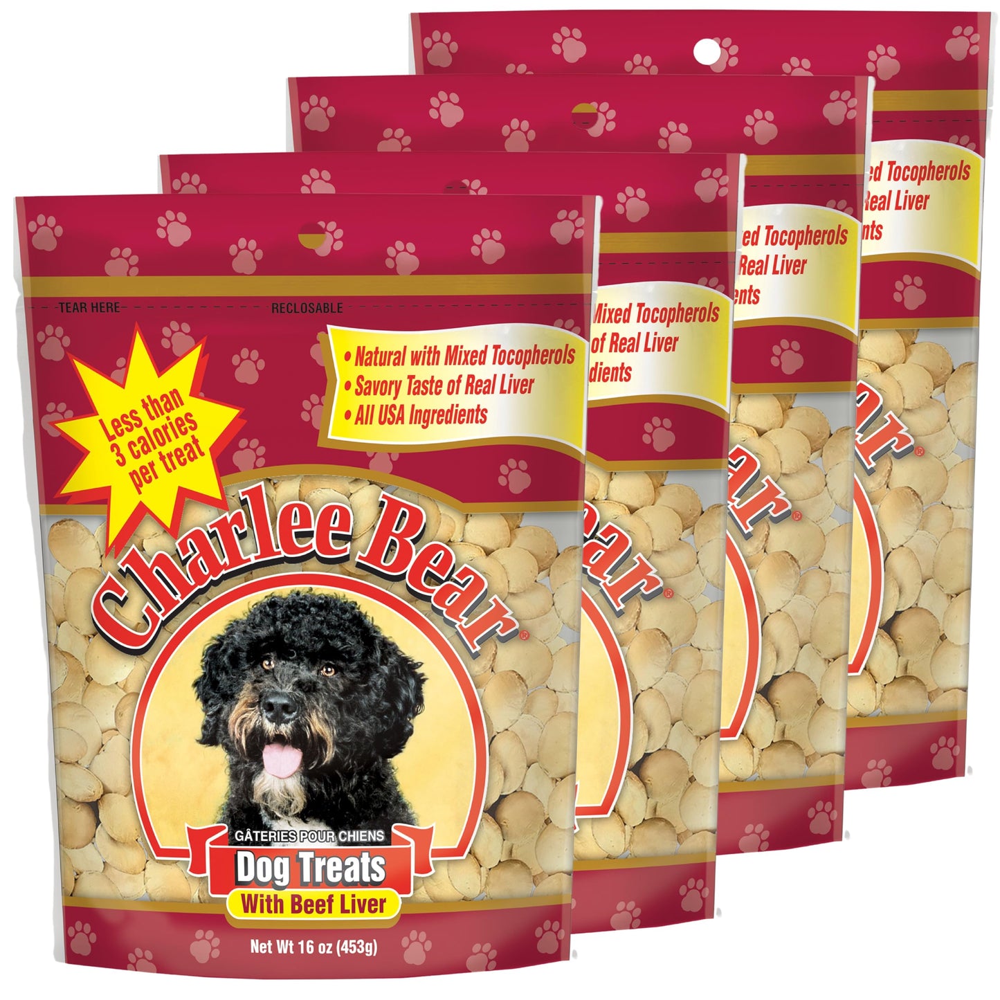 Charlee Bear Dog Training Treats for Small, Medium, or Large Pups, Crunchy Low Cal Dog Snack for Puppy Training, Made in USA (Beef Liver) 16oz, 4 Pack