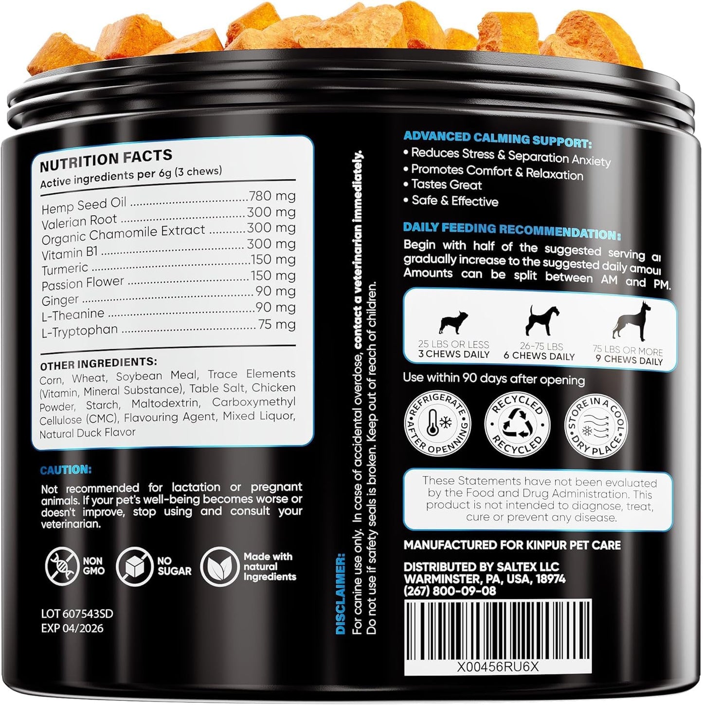 Kinpur Pet Care Relaxing Dog Calming Chews with Hemp Oil, Valerian Root, and Vitamin B - Natural Stress and Anxiety Relief for Dogs - 180 Beef-Flavored Calming Treats for All Breeds