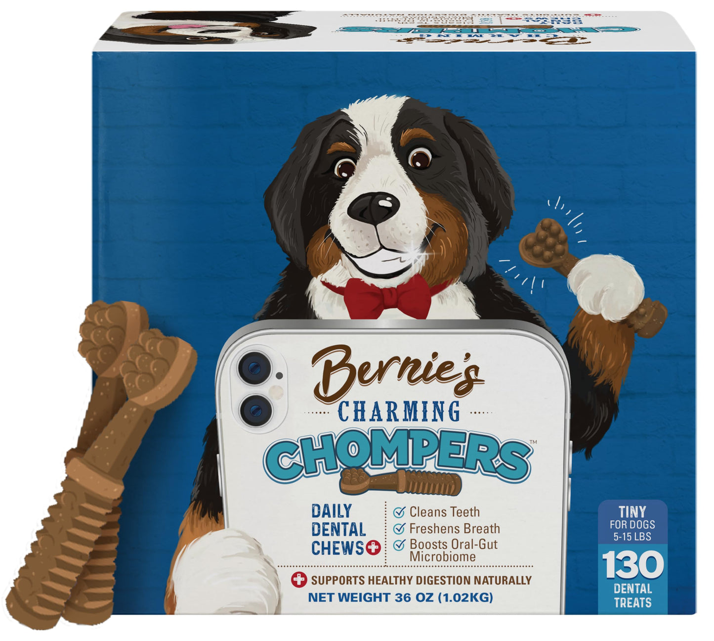 Bernie's Charming Chompers - Daily Dental Chews for Dogs - Cleans Teeth, Freshens Breath, + Boosts Oral-Gut Microbiome. Easy to Digest, Supports Healthy Digestion Naturally (36 oz, Tiny Dogs)