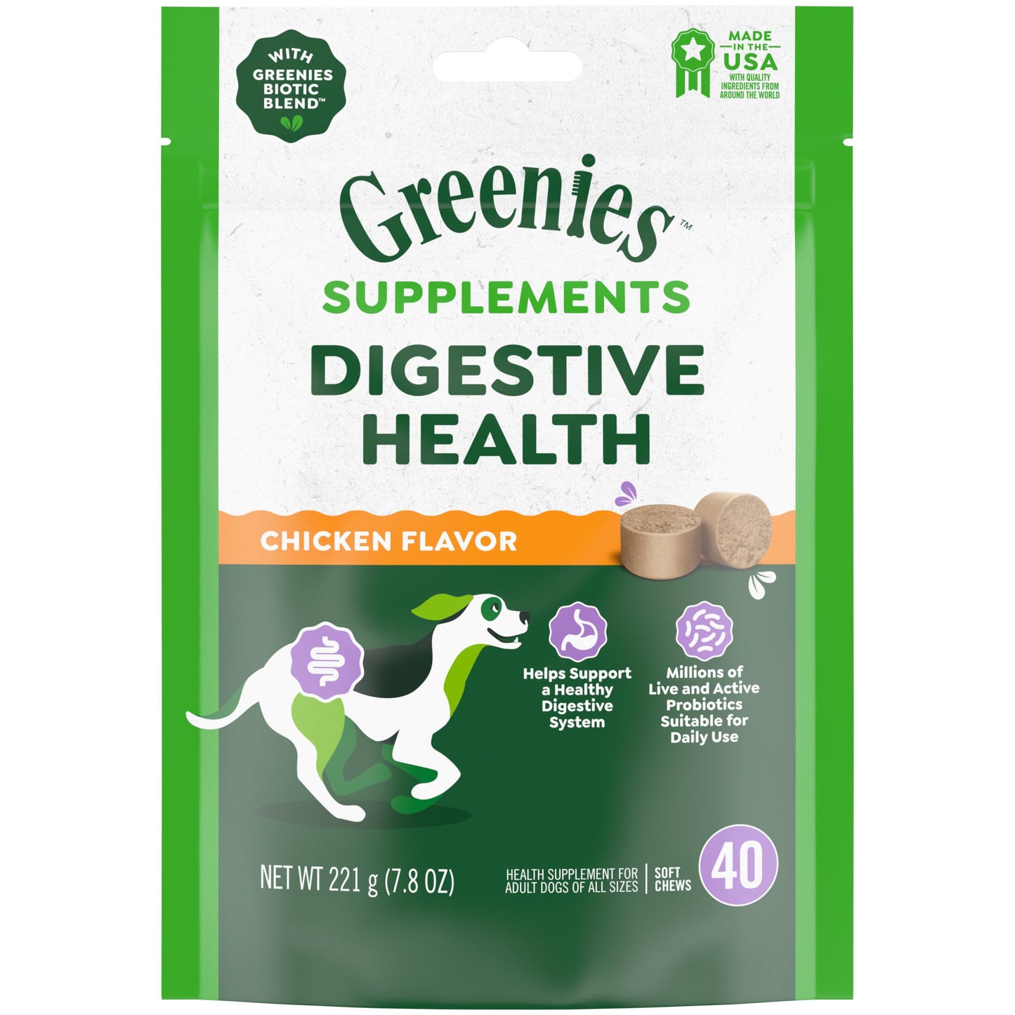 Greenies Supplements Digestive Health Probiotics for Dogs Chicken Flavor, 7.8 oz. Pouch of 40 ct.