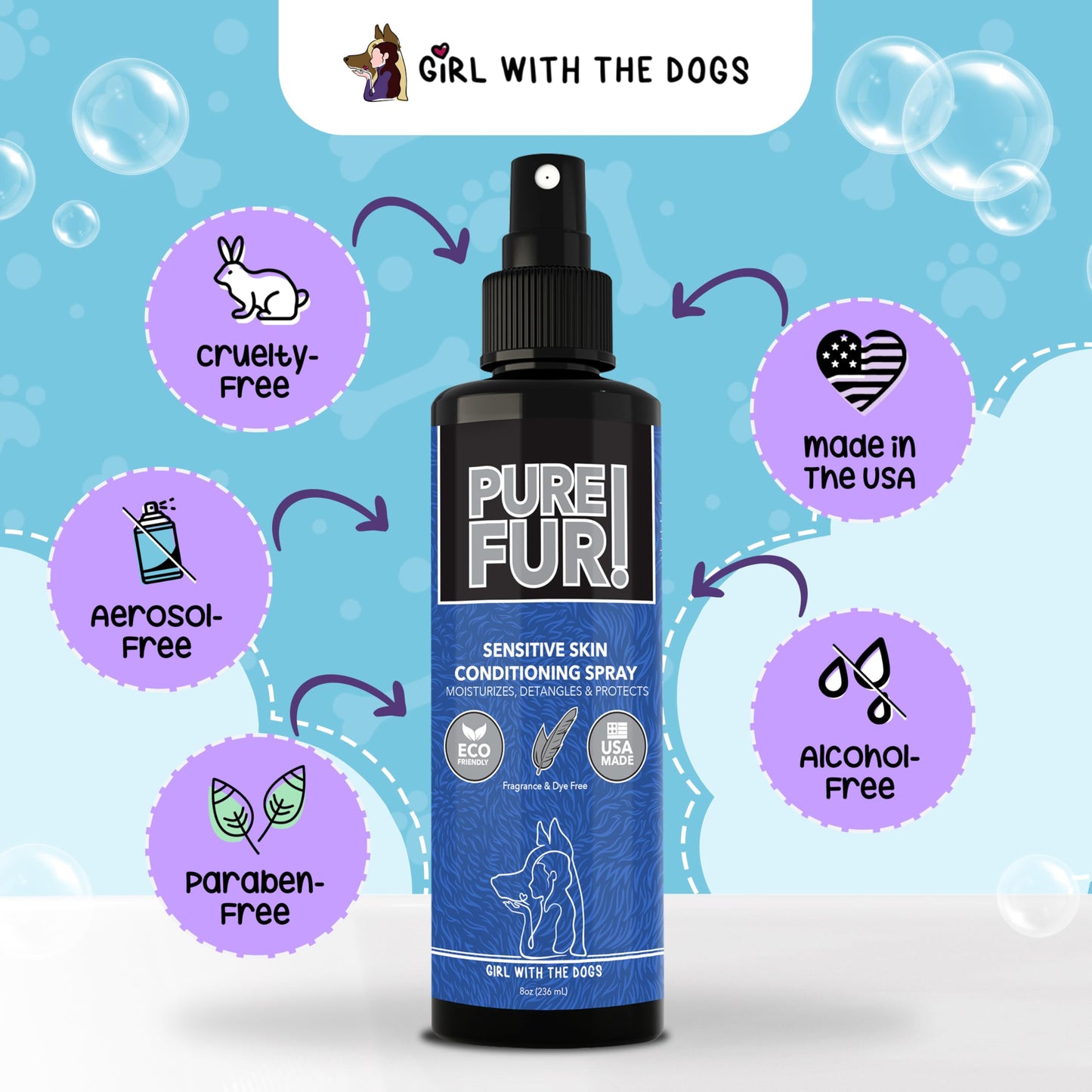 Girl With The Dogs Pure Fur! Sensitive Skin Pet Conditioning Spray, 8 oz