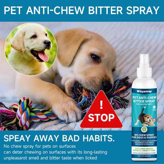 Woyamay No Chew Spray for Dogs 200ML + Dog Calming Diffuser with 2 Diffuser + 4 Refill 48ml - Bitter Apple Spray to Stop Chewing Licking of Furniture, 6-in-1 Dog Pheromone Diffuser Kit to Calm 120Days