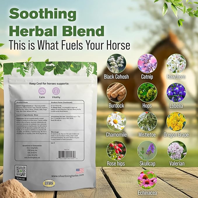 Silver Lining Herbs Keep Cool Horse Calming Supplement - Horse Health Calm & Focus Supplement - Horse Calming Supplements with Natural Herbs including Chamomile, Echinacea, & More - 1 lb 60-Day Supply
