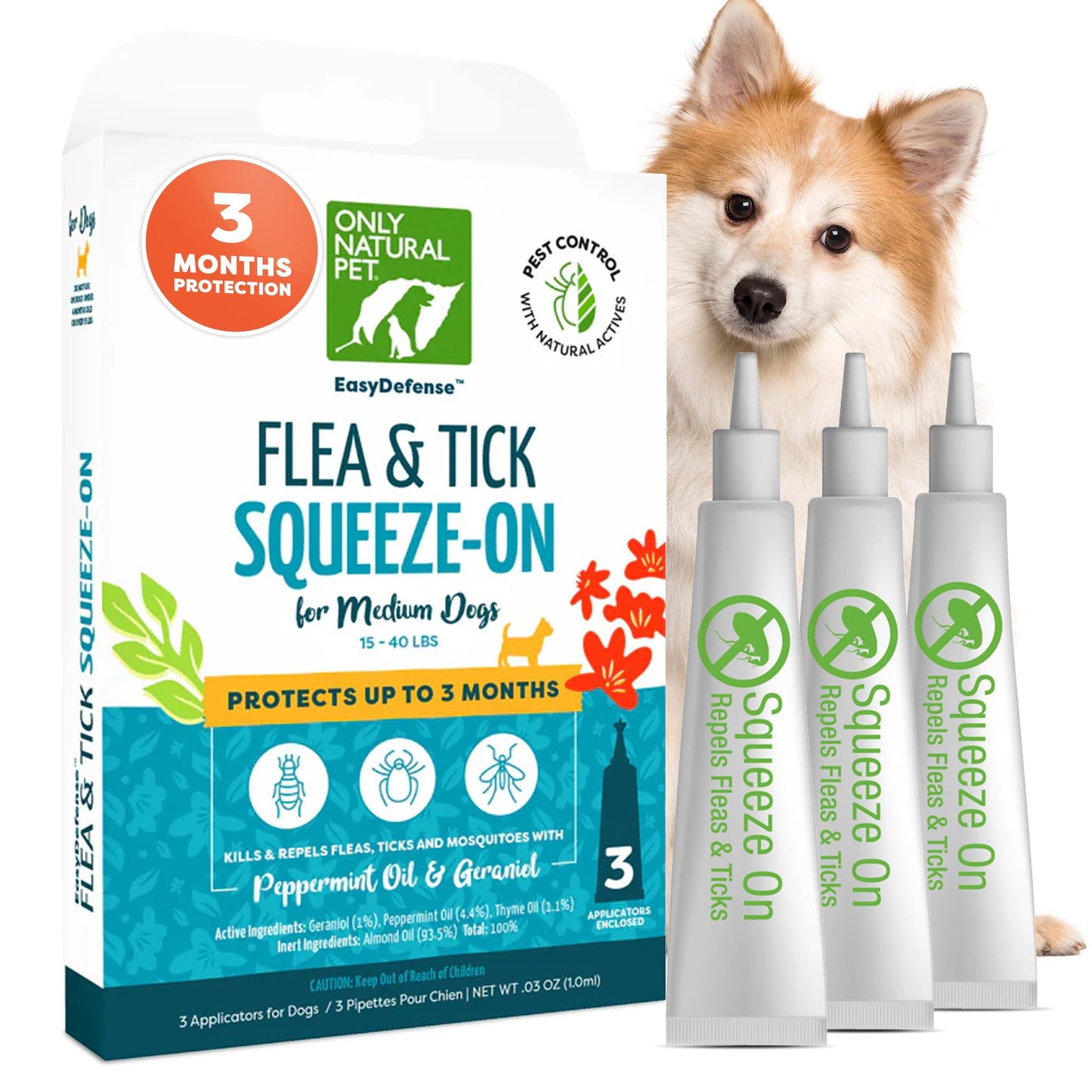 Only Natural Pet EasyDefense Flea & Tick Prevention for Medium Breed Dogs (15 to 40 lbs) - Natural Herbal Control, Squeeze-On Drops - Protects up to 3 Months (M Sqz)