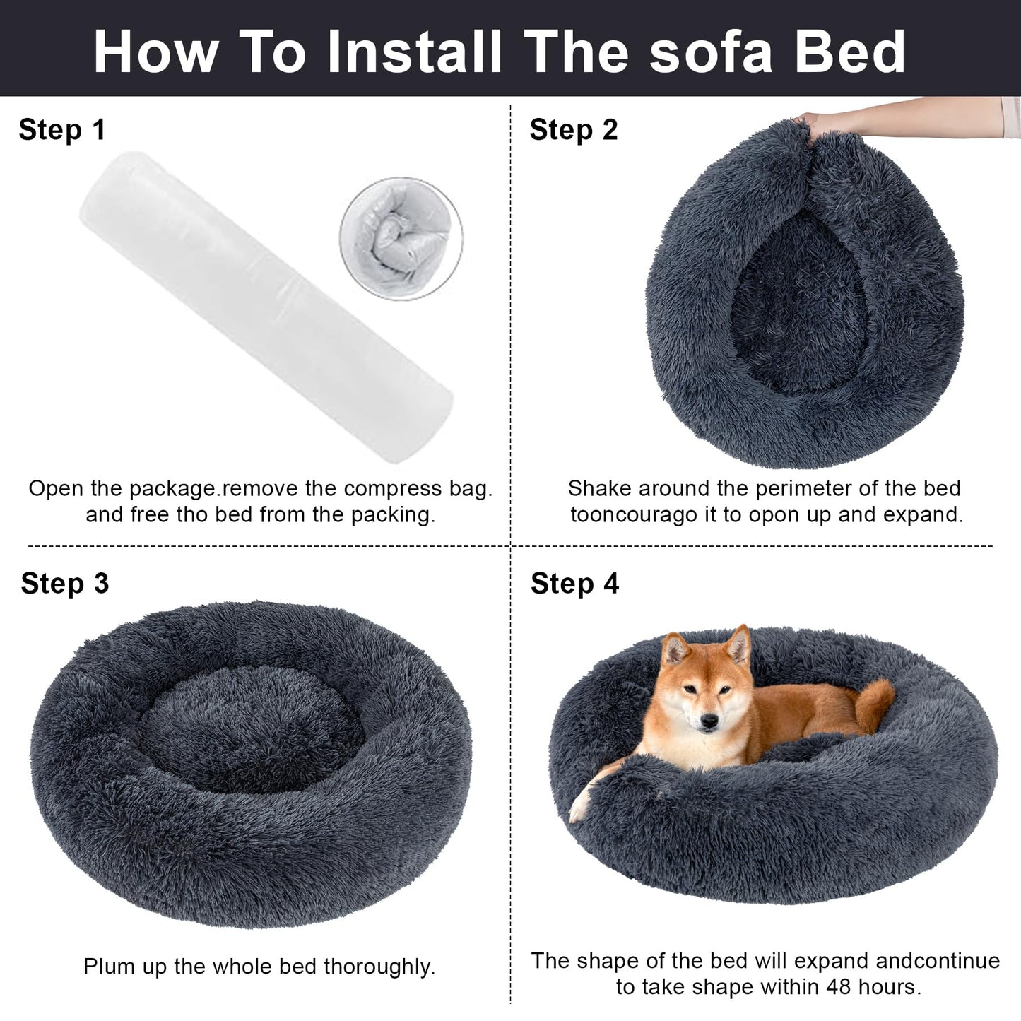 Kimpets Dog Calming Beds for Small Medium Large Dogs - Round Donut Washable Puppy Dog Bed, Anti-Slip Faux Fur Fluffy Donut Cuddle Anxiety Cat Pet Bed(20" Dark Grey)
