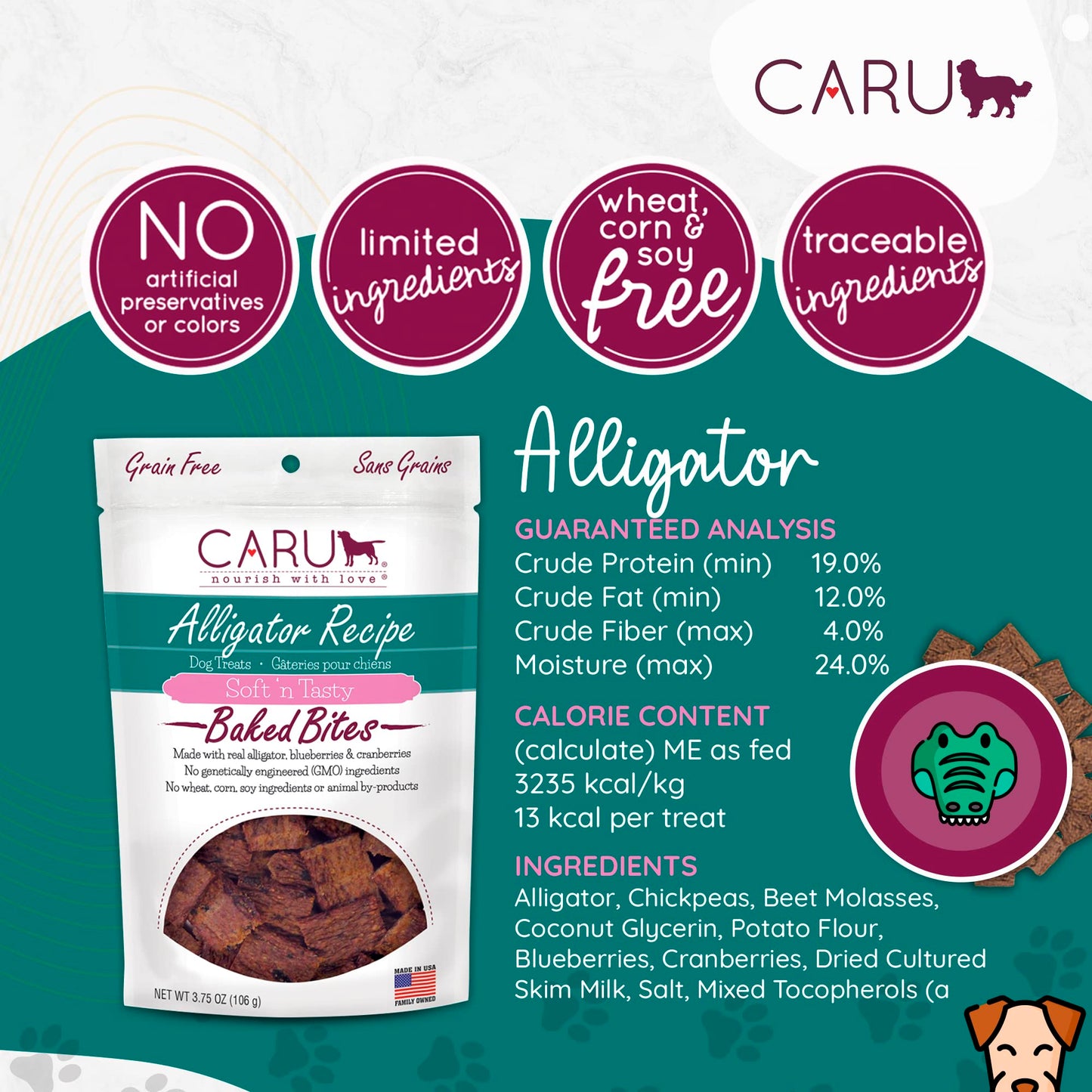 Caru - Soft n’ Tasty Baked Bites - Alligator Bites Dog Treats - Flavorful Training Treats - 3.75 oz Bags - Pack of 3