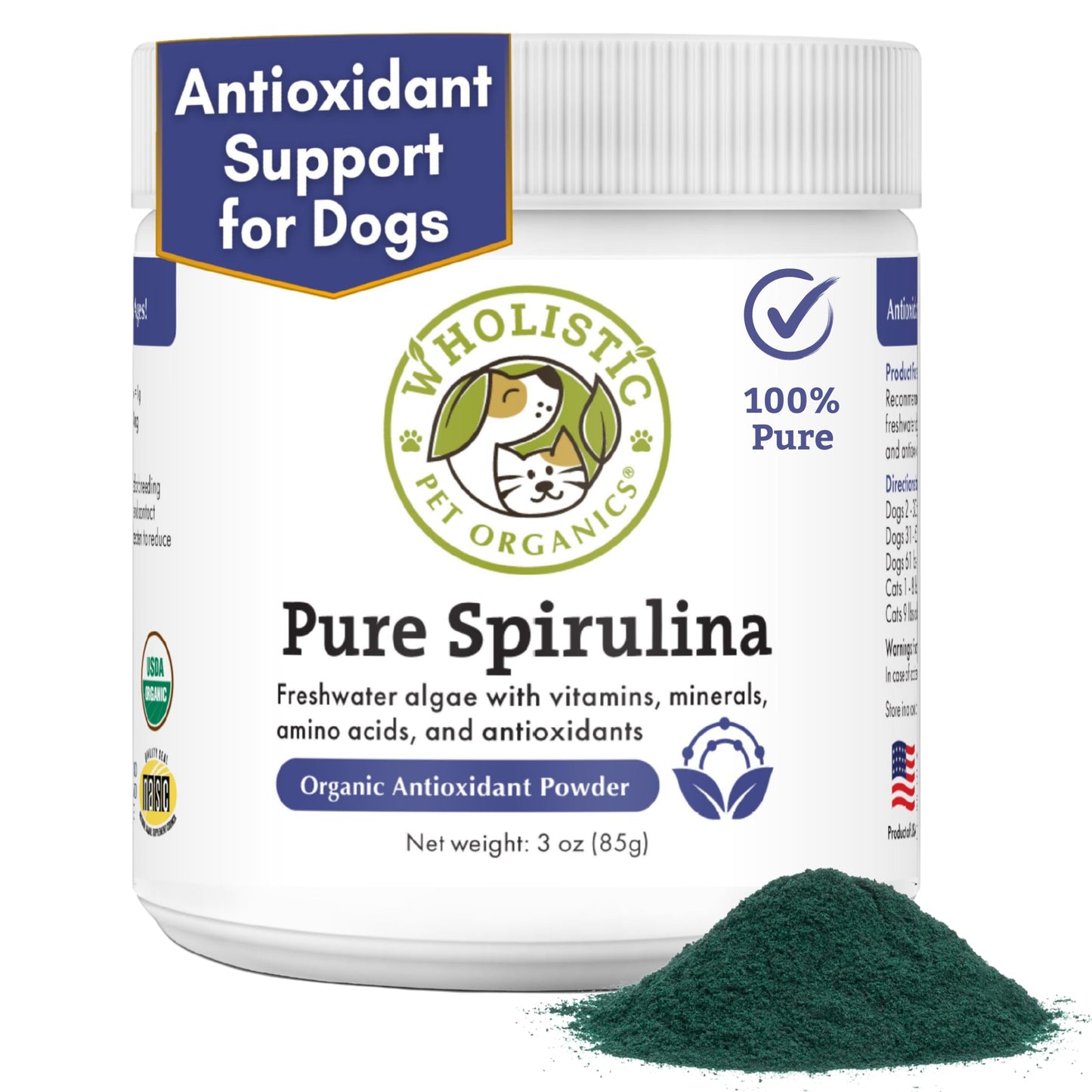 Wholistic Pet Organics Spirulina for Dogs - 3 Oz - Supports Healthy Immune System & Seasonal Allergy - Plant Based Antioxidant Support for Homemade Food - Organic Dog Food Topper - Freshly Made in USA