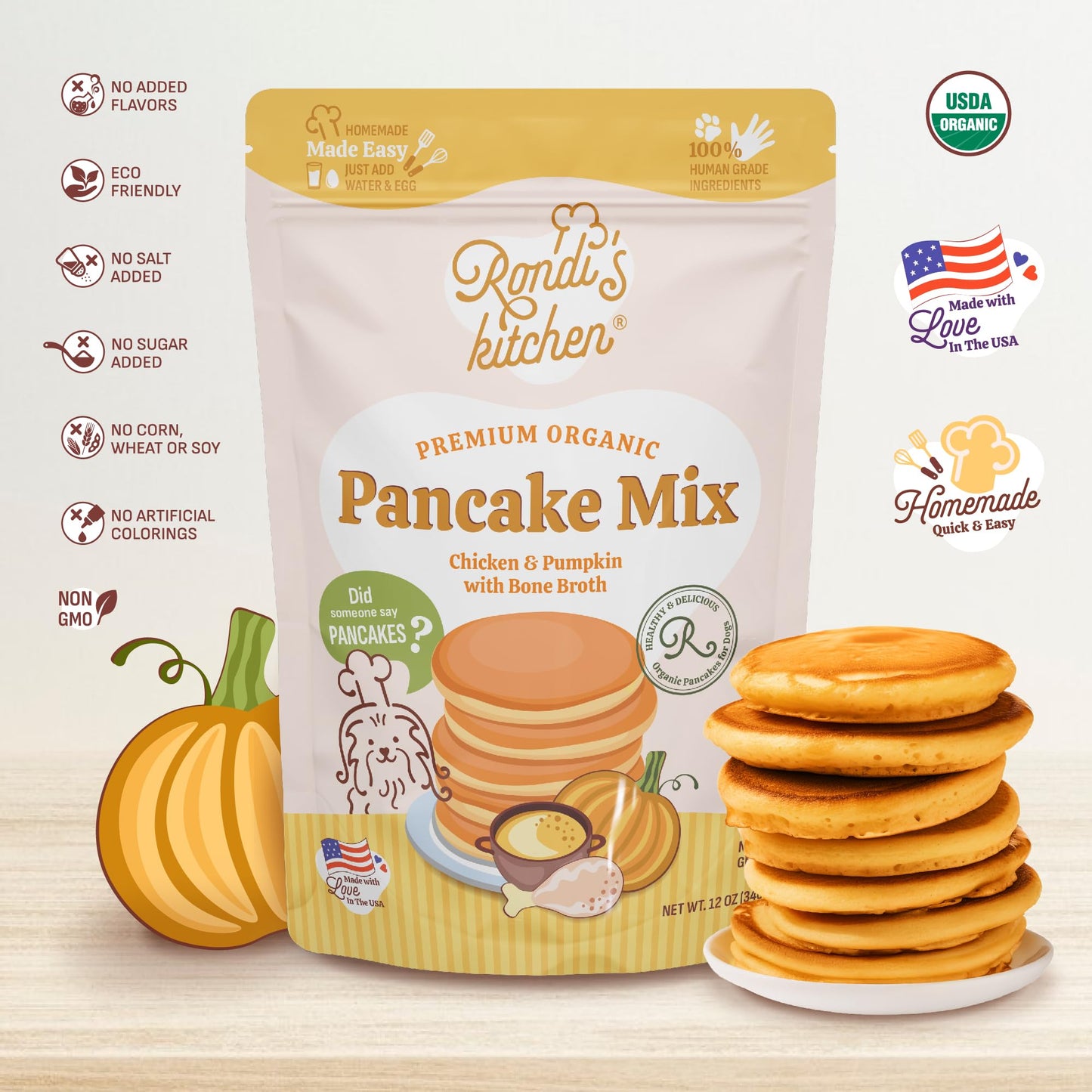 Rondi's Kitchen Pancake Mix for Dogs - Premium All-Natural & Organic Dog Treats, Healthy Dog Snacks for All Ages & Sizes, Made with Human-Grade Ingredients - Chicken & Pumpkin