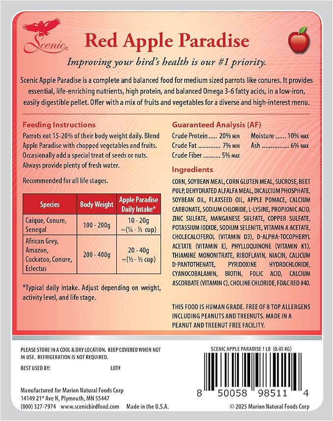 Scenic Apple Paradise Premium Parrot Food - Apple & Natural Flavors, High Protein, Low Iron Conure Bird Food, Eclectus & Other Small Pet Parrots, Omega 3, Vitamins & Minerals, 1 LB