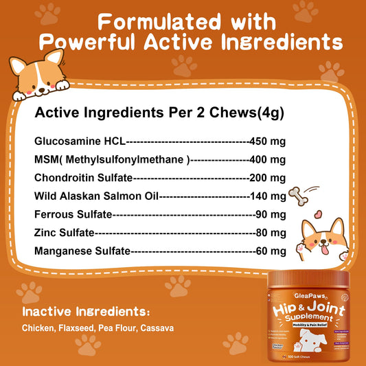 GleaPaws Hip & Joint Supplement Chews for Dog Joint Pain Relief - Glucosamine, Chondroitin, MSM for Dog Joint Collagen - Mobility Support for Senior, Large & Small Dogs - 100 Chews, Store in Dry Place