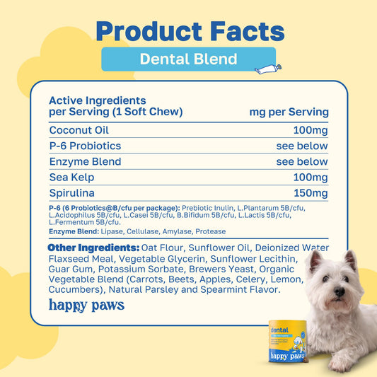 Happy Paws Dental Chews for Dogs, Spearmint Flavor Soft Chews with Coconut Oil, Enzyme Blend, Spirulina, Sea Kelp & P-6 Probiotics, Supports Oral Hygiene, Fresh Breath & Digestive Health, 100 Count
