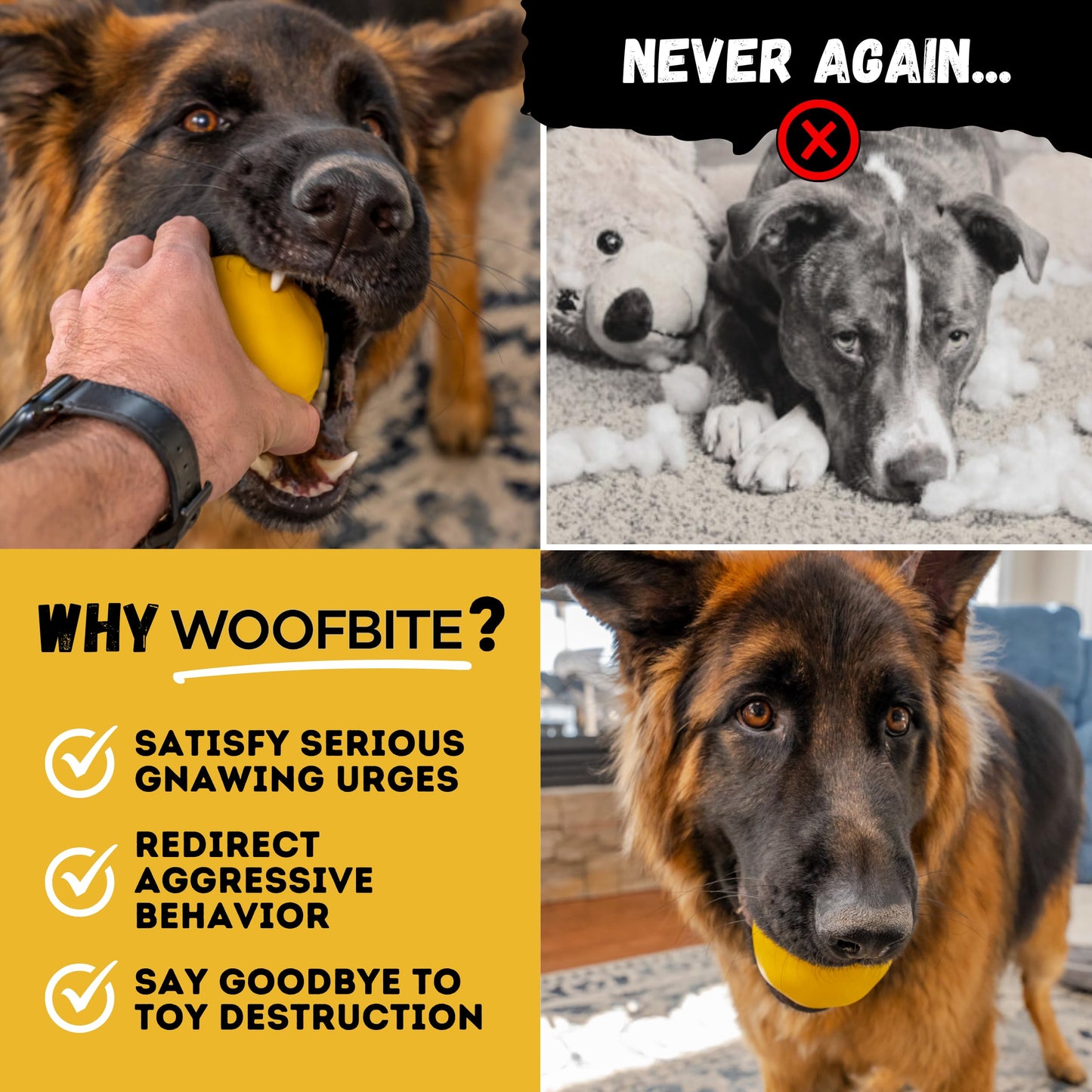 WoofBite Indestructible Dog Ball - Lifetime Replacement - Durable Dog Toy for Aggressive Chewers - Safe, Non-Toxic Natural Rubber - Chew & Fetch - Tough, Heavy Duty - 3” (Tennis Ball Size)