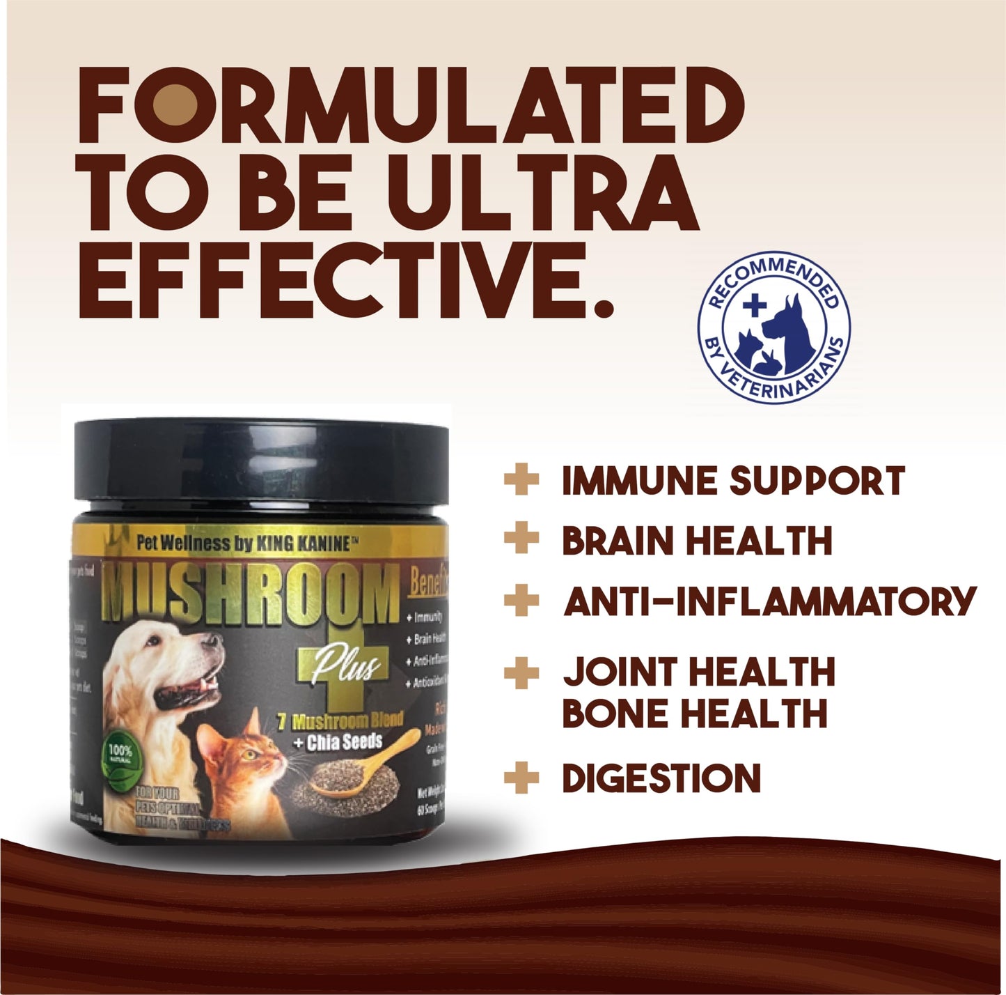 King Kanine Mushroom Plus, Protein & Joints 2 oz | Organic Powder to Improve Optimal Health & Pets Wellness | Supplement for Dogs & Cats Care Made with Fiber & Vitamins | Veterinarian Approved