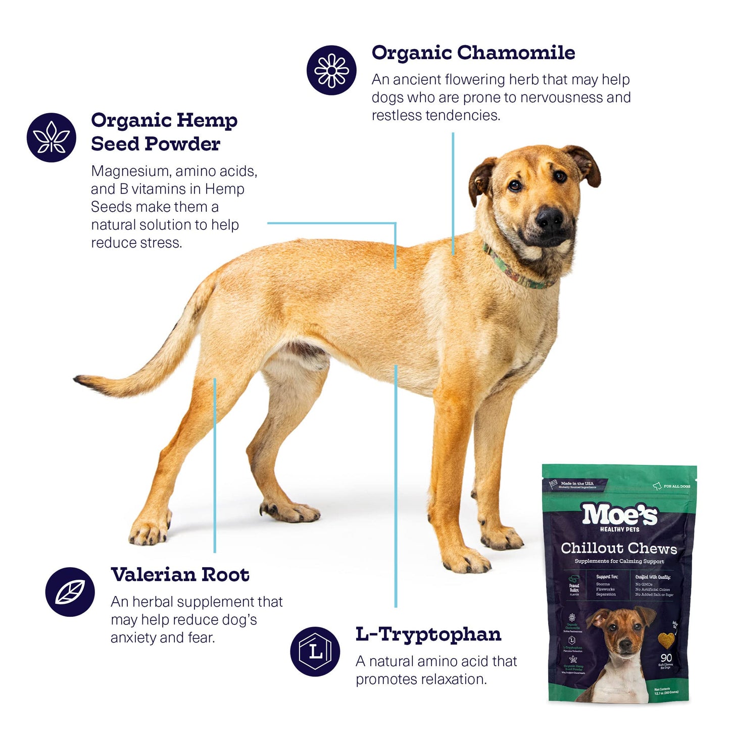 Moe’s Calming Chews for Dogs 90ct – Natural Anxiety Relief with Hemp, Chamomile, and Tryptophan – Calming Dog Treats for Separation, Fireworks, Travel and Storms (Peanut Butter)