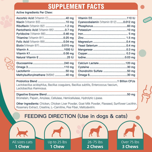 Dog Multivitamin with Glucosamine, Omega 3, Minerals, Probiotics and Enzymes, Dog Vitamins and Supplements for Joint, Skin & Coat Care, Digestive and Immune Health, Chicken Flavor - 120 Chews