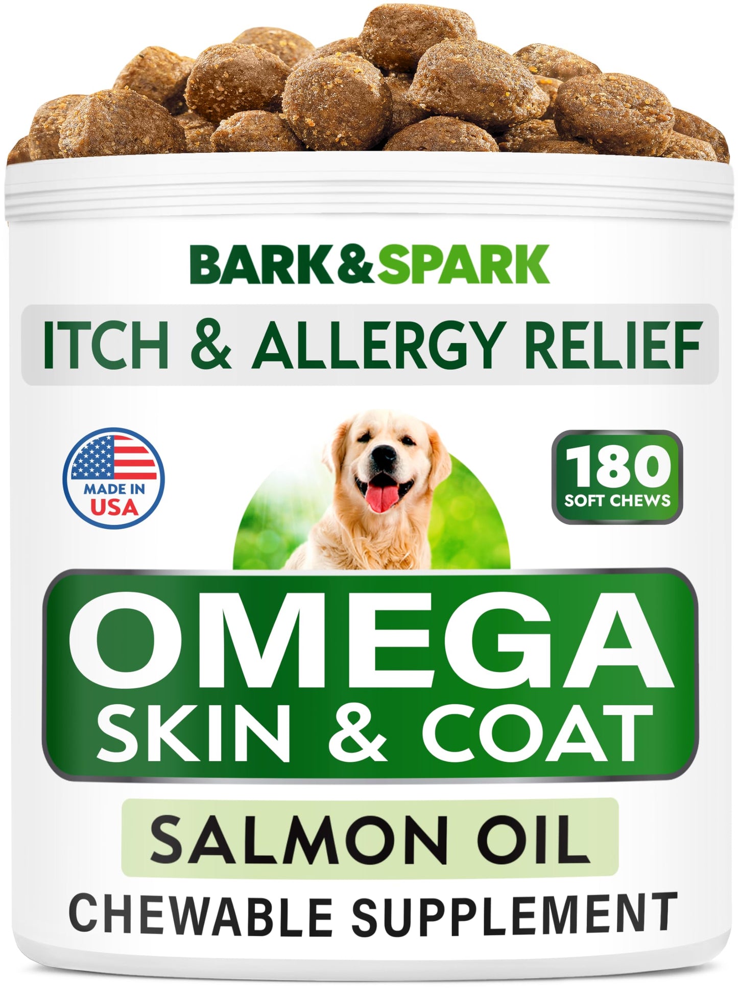 BARK&SPARK Omega 3 for Dogs - Fish Oil Treats for Dogs - Skin and Coat Supplement - EPA & DHA Fatty Acids -Canine Salmon Oil - 170 Chews Lamb