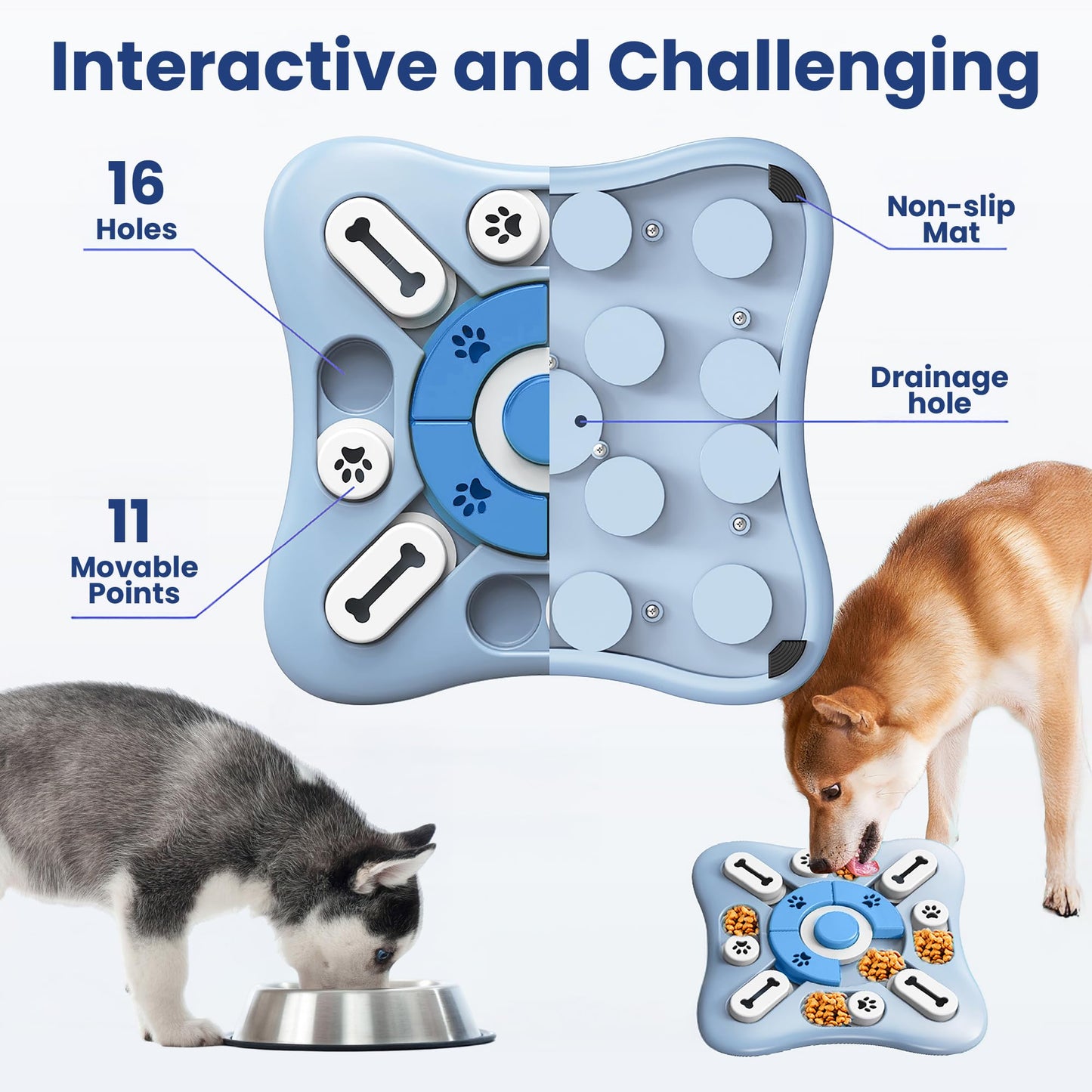 PAWSPIK Interactive Dog Puzzle Toy – Treat Dispensing Slow Feeder for Dogs, Mental Enrichment Toy with Squeaker & 16 Compartments – Durable, Non-Slip, Dishwasher Safe – Light Blue (Light Blue)