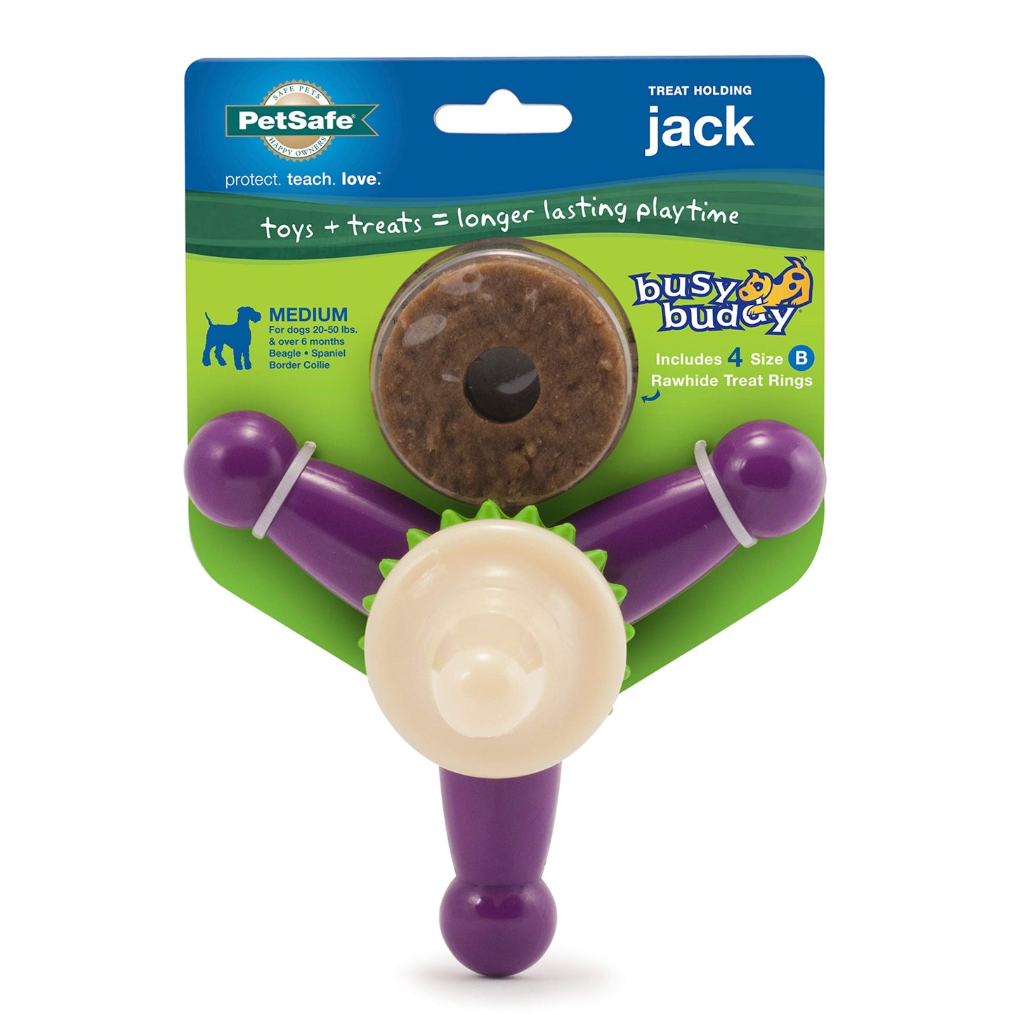 PetSafe Busy Buddy Jack - Keeps Dog Busy - Includes Treats Refill - Treat Holding Dog Toy - Helps Clean Teeth - Durable Rubber - Strong Chewers - Dishwasher Safe - Medium - Purple