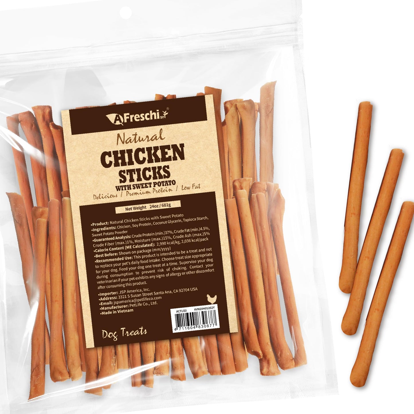 AFreschi Natural Chicken Sticks with Sweet Potato 24 oz, All Natural, Grain-Free, High-Protein, Healthy & Easily Digestible, Soft Texture