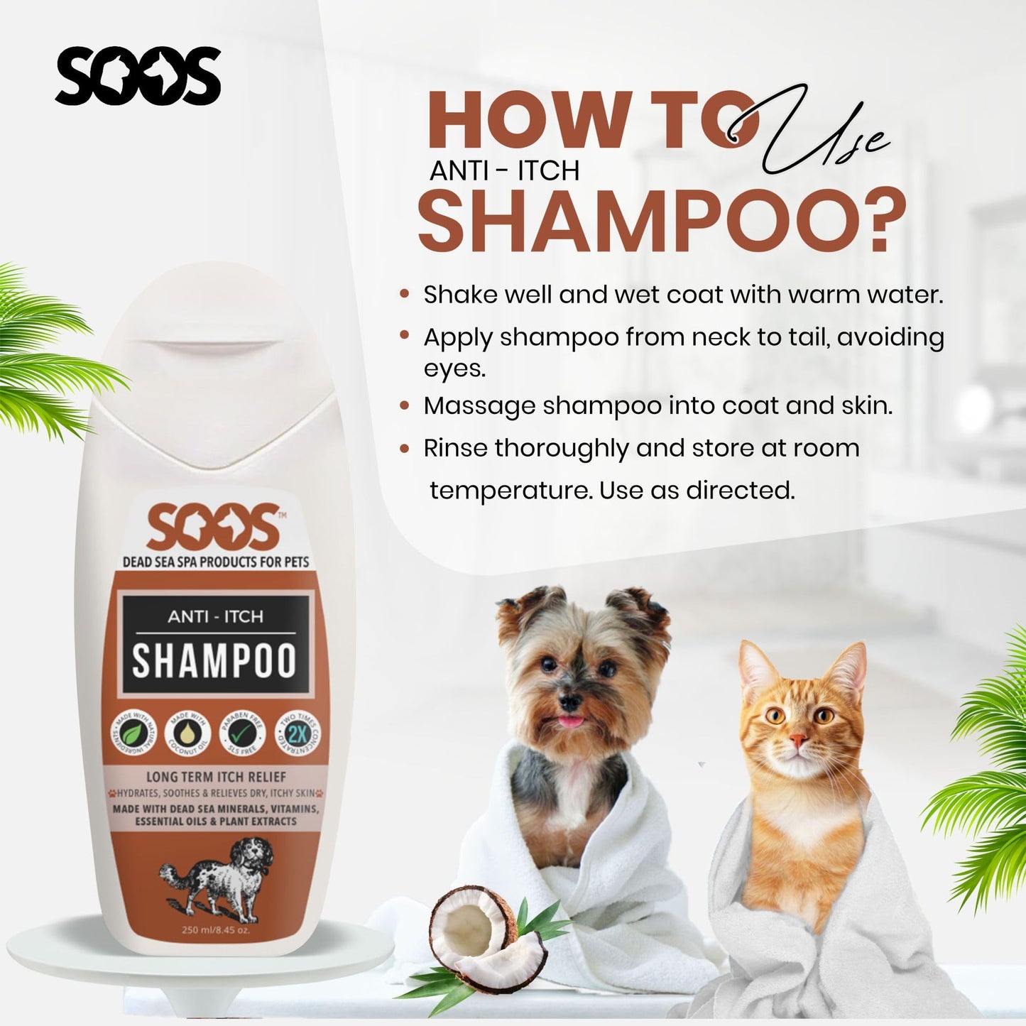 Soos Pet Shampoo Anti-Itch Cat and Dog Shampoo Dead Sea Minerals Fast Absorbing Soothes Itching Clean Fur with Vitamins Essential Oils Natural Ingredients - 1x Bottle (250ml)