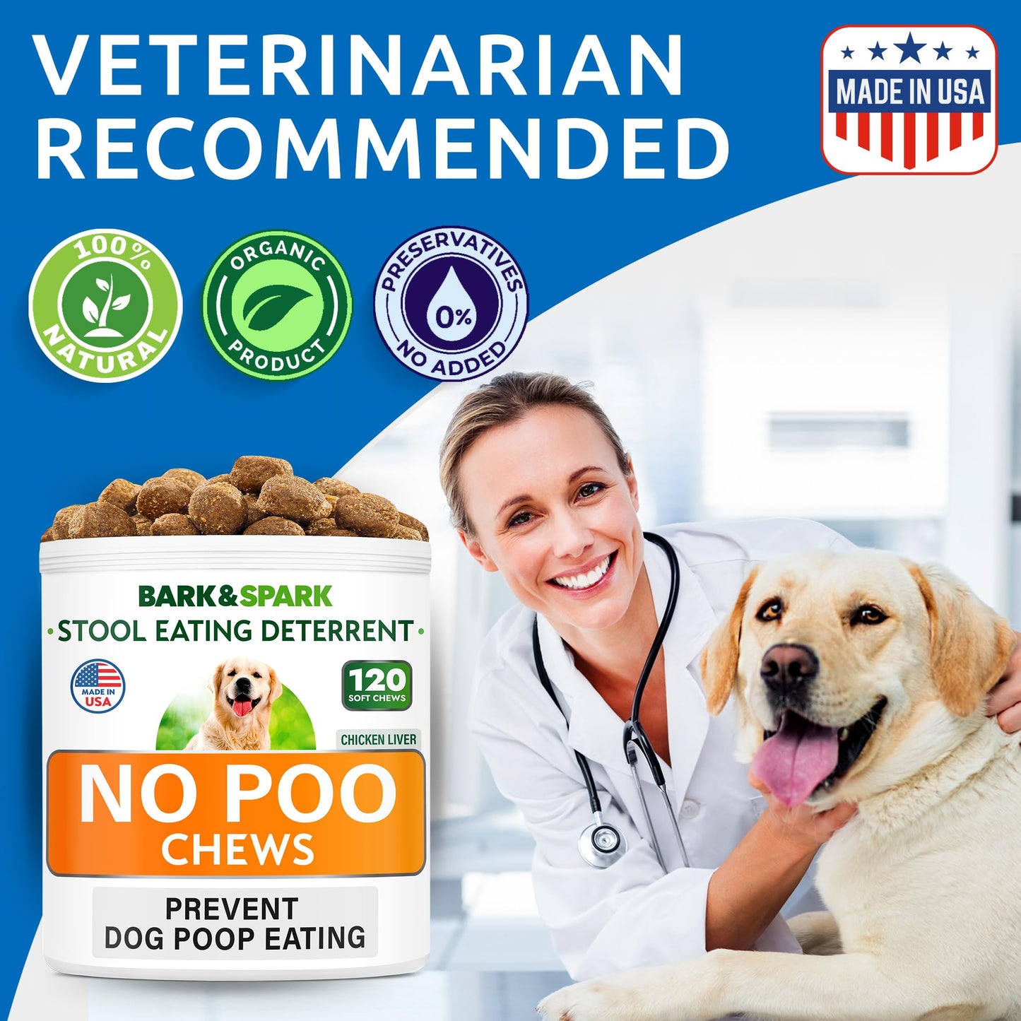 BARK&SPARK NO Poo Treats - Prevent Dog Poop Eating - Coprophagia Treatment - Stool Eating Deterrent - Probiotics & Enzymes - Digestive Health + Breath Aid - 120 Soft Chews - USA Made - Liver