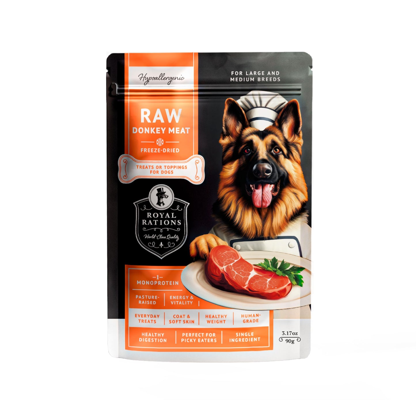 ROYAL RATIONS Freeze Dried Raw Dog Food, 100% Donkey Meat, Allergy Relief, Monoprotein, Training Treats or Toppings, Single Ingredient, All Natural, for Puppies, Adults and Seniors, 3.17 oz Bag