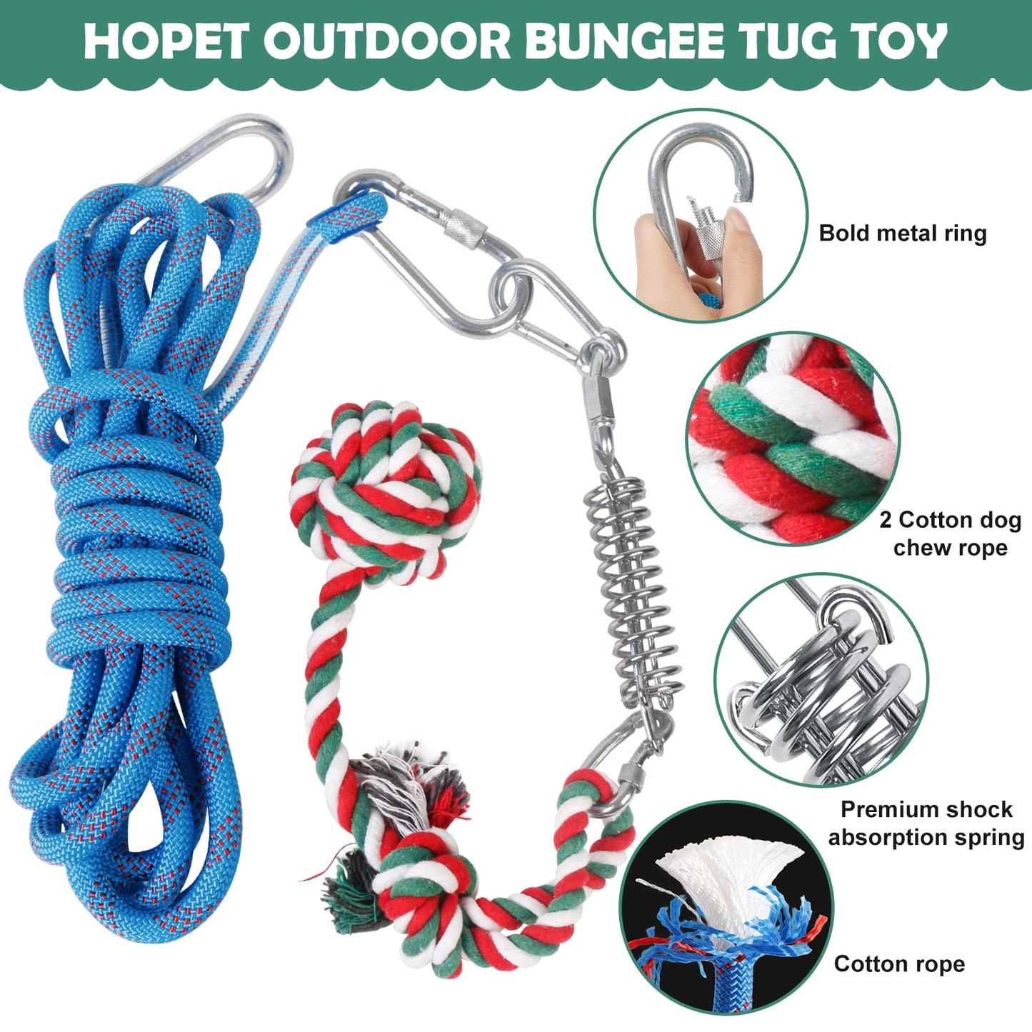 HOPET Dog Outdoor Bungee Solo Hanging Toy, Tether Tug of War Toys for Pitbull Small Large Aggressive Chewers Dogs to Exercise, Durable Interactive Tug Toy, Dog Rope Toys