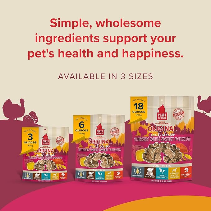 PLATO Original Real Strips Turkey & Sweet Potato Recipe 3oz, Natural