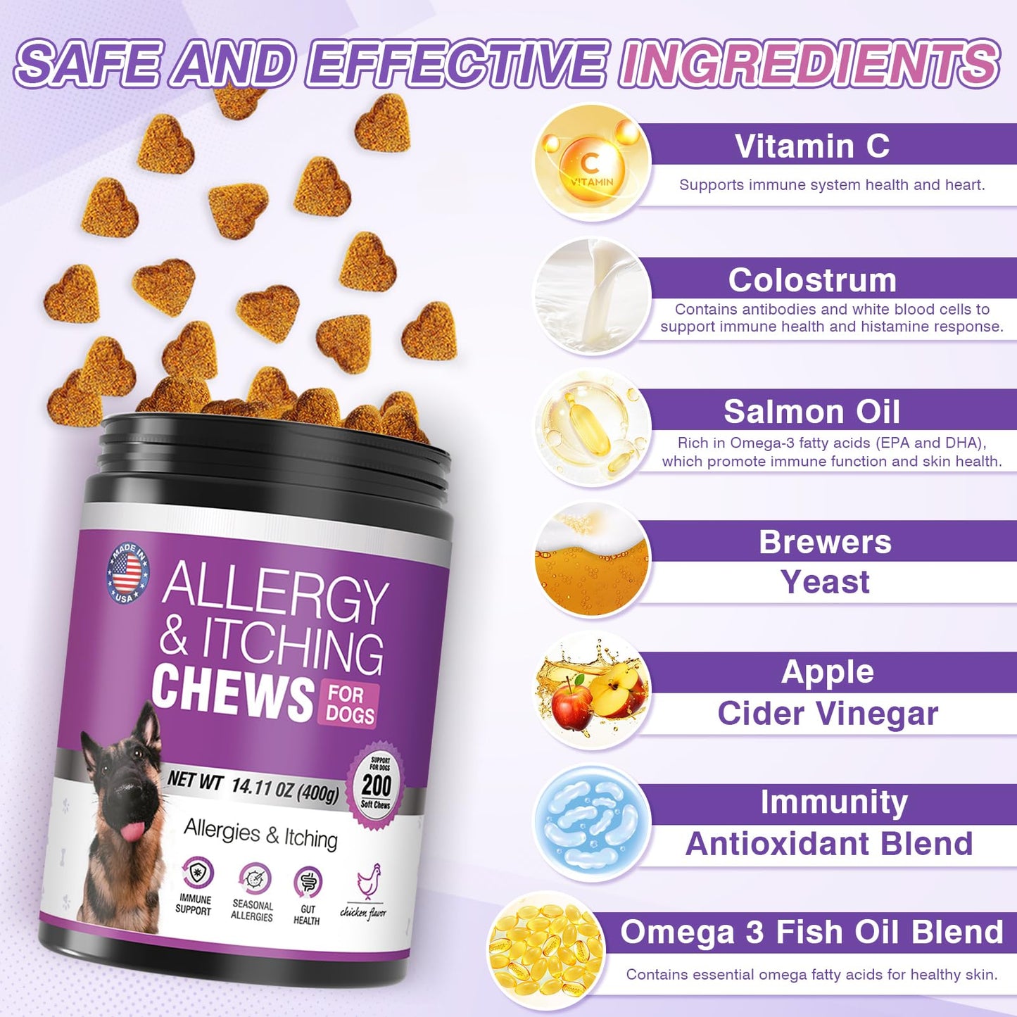 Dog Allergy Chews 200ct - Dog Allergy and Itching Skin Relief Anti Itch Aller Immune Bites for Dogs licking Itching Paws Treatment Itchy Relief Chew Probiotics Vitamins for Skin and Coat Allergies