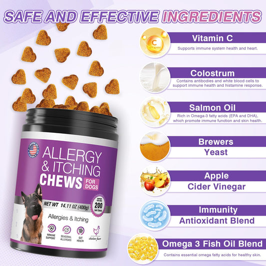 Dog Allergy Chews 200ct - Dog Allergy and Itching Skin Relief Anti Itch Aller Immune Bites for Dogs licking Itching Paws Treatment Itchy Relief Chew Probiotics Vitamins for Skin and Coat Allergies