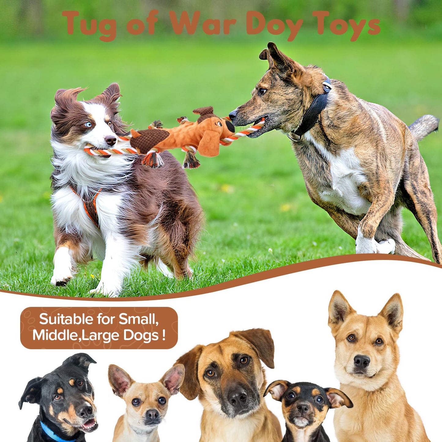 Letsmeet Squeaky Dog Toys, Tug of War Dog Toy for Large Dogs, Plush Puppy Toys with Pull Rope, Interactive Dog Toys for Small, Middle, and Big Dogs