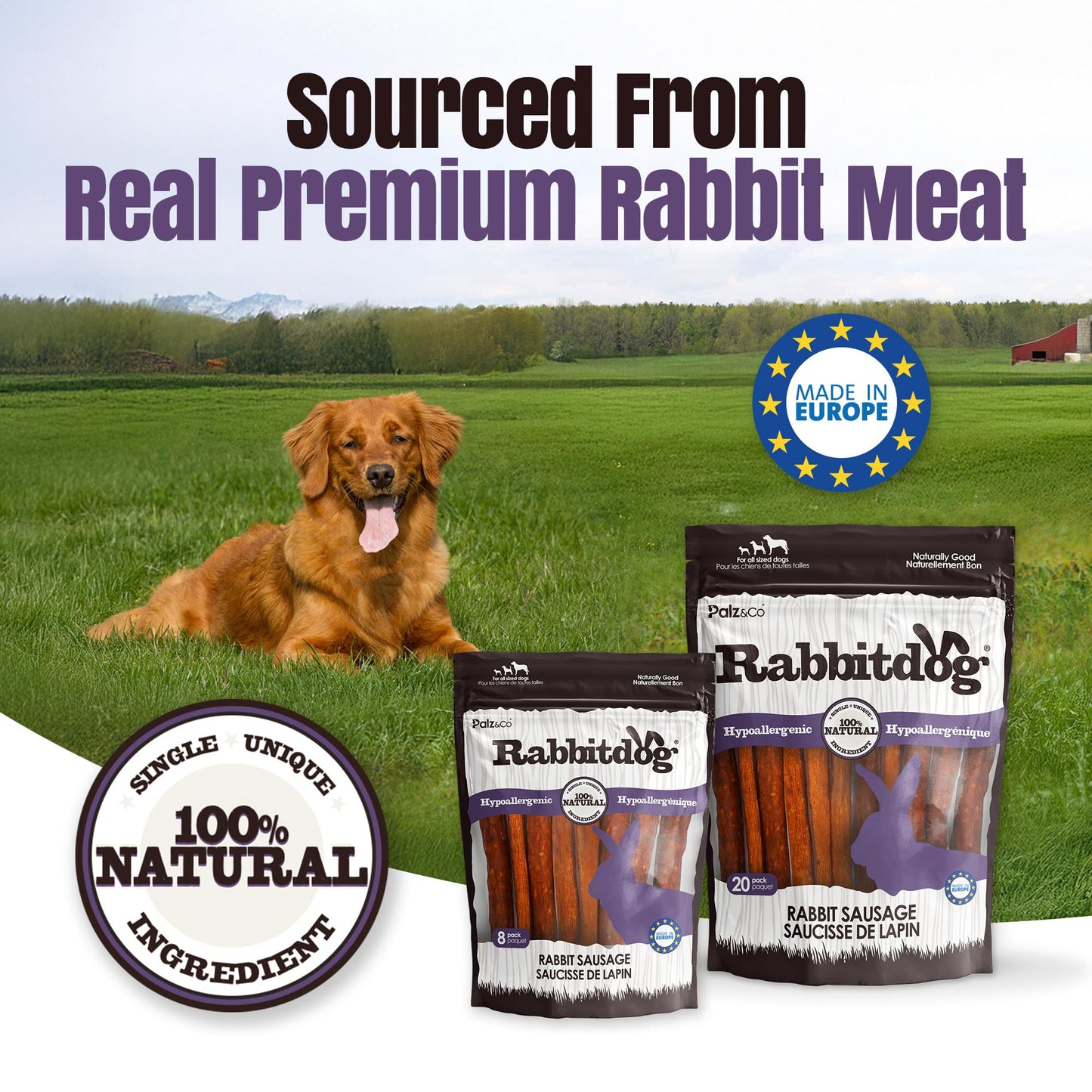 Rabbitdog Rabbit Sausage Dog Treats - 8 Pack of 100% Natural Single Ingredient Chews, Grain Free, High Protein, Soft & Chewy Texture