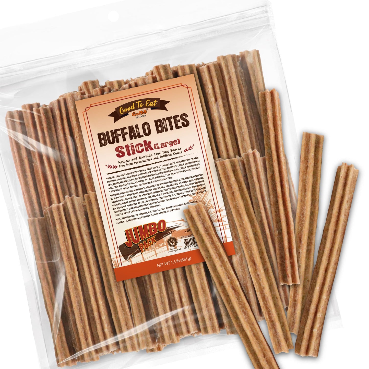 Gootoe Buffalo Dog Treats, Buffalo Bites Stick (Large) 1.5 lb Natural Low-Fat Chews for Training & Rewards, Limited Ingredient, Perfect for Medium Dogs, Resealable Bag