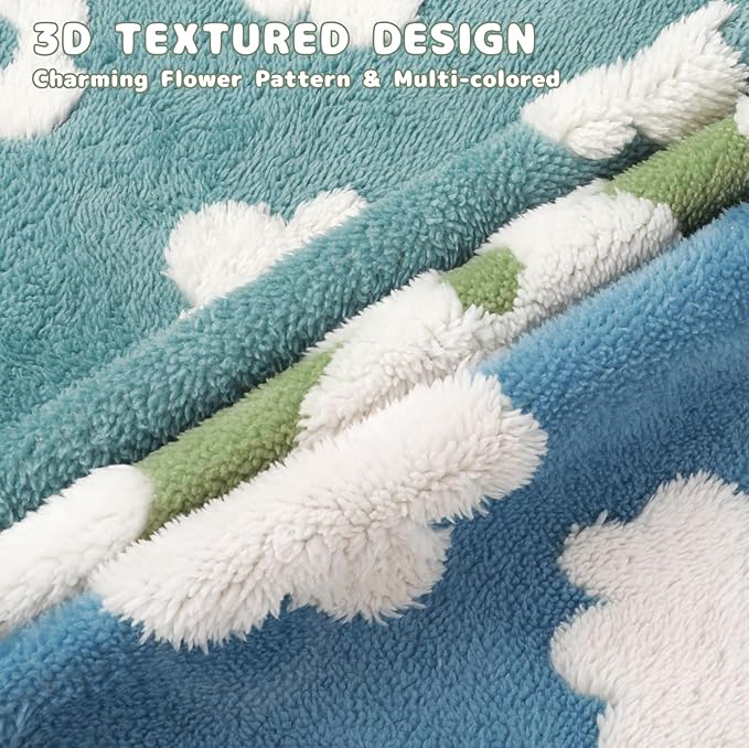 Luciphia Waterproof Pet Blanket for Medium Large Dogs Washable Fluffy Thick Jacquard Shag Fleece Warm Sherpa 3D Textured Flower Print for Cats Puppy Couch Protection (Green,57x40 inches)