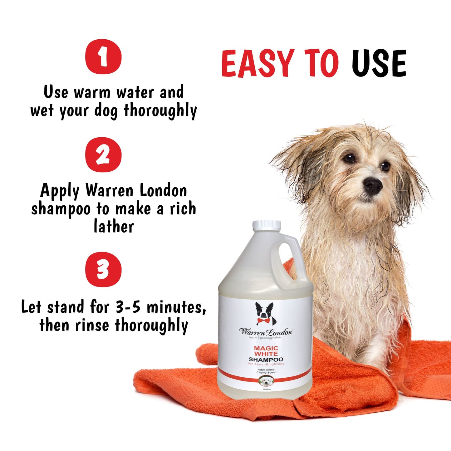 Warren London - Magic Bright Dog Shampoo, Whitening Shampoo for White Dogs & Lighter Dog Coats, Grooming Supplies are Puppy and Cat Safe, Cherry Blossom Scent, 128 Ounce, Made in USA
