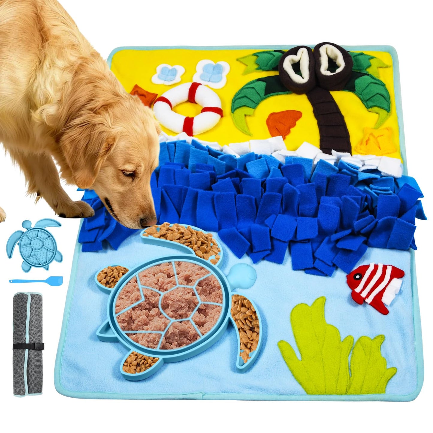 Dog Snuffle Mat for Dogs Large Breed with Turtle Lick Mat, Interactive Dog Toys Puzzle Enrichment Food Toys, Dogs Feeding Sniffing Mat, Ideal for Pets to Reduce Boredom Slow Eating (2-in-1)