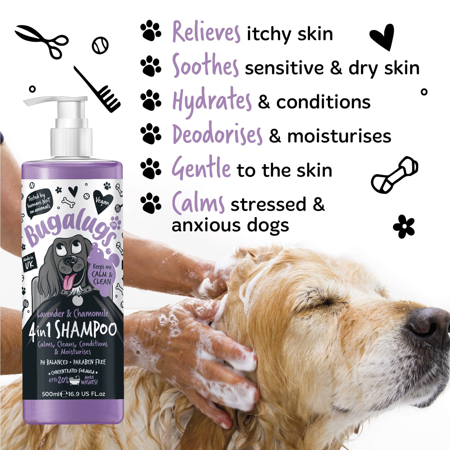 Dog Shampoo by Bugalugs Lavender & Chamomile 4 in 1 Dog Grooming Shampoo Products for Smelly Dogs with Fragrance, Best Puppy Shampoo, Vegan pet Shampoo & Conditioner