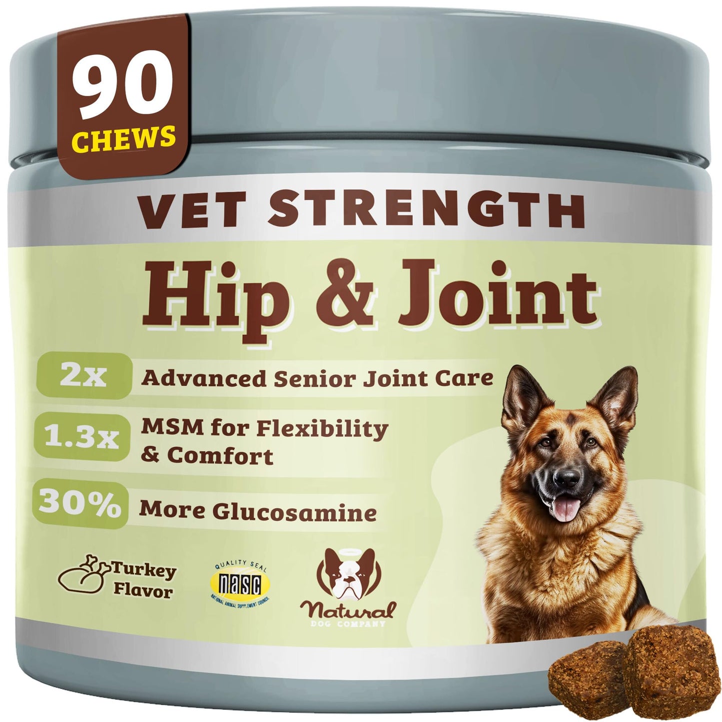 Natural Dog Company Vet Strength Hip & Joint Chews for Senior Dogs (90ct) Joint & Flexibility Support, Arthritis Relief for Senior Dogs, 1.3X Glucosamine, 2X Green Lipped Mussel & MSM for Dog Mobility