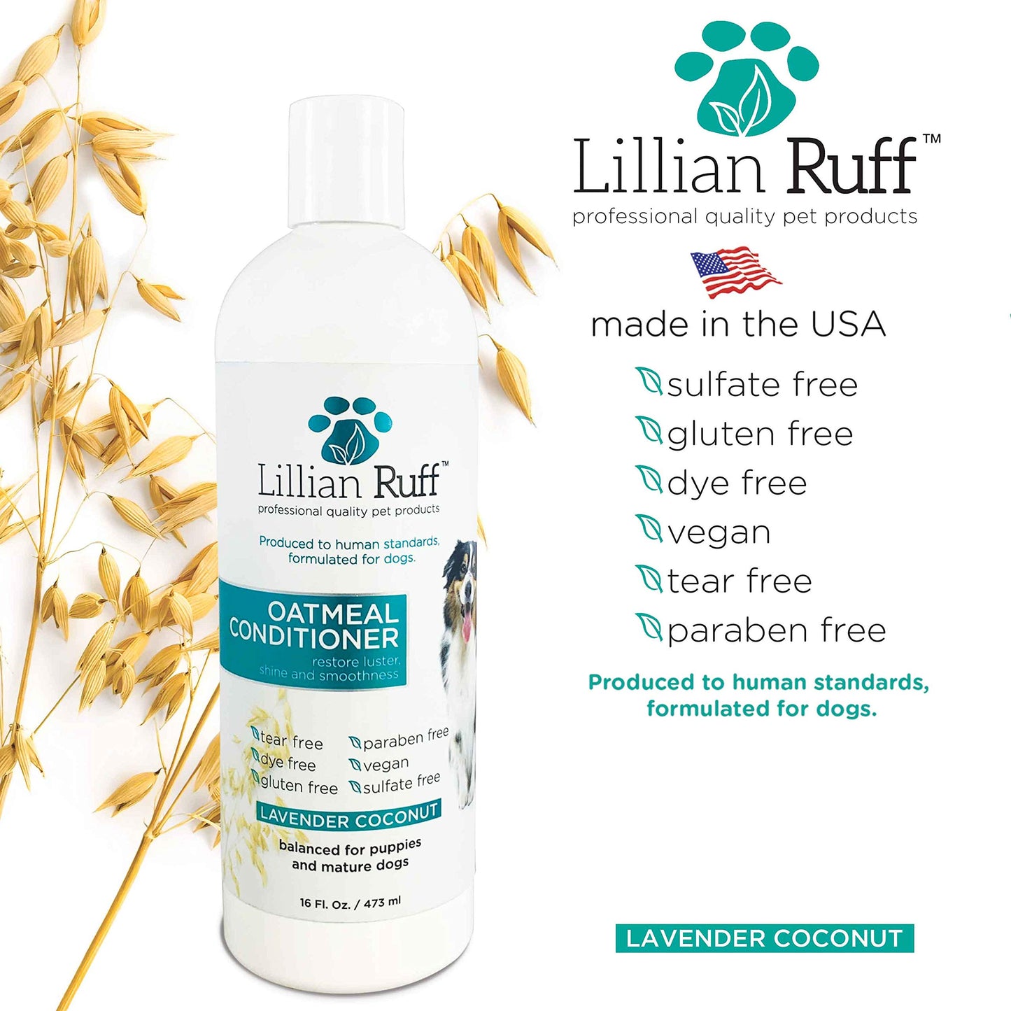 Lillian Ruff PRO Formula Oatmeal Dog Conditioner - Nourishing & Calming Relief for Allergies & Sensitive Skin - Detangles, Softens & Adds Shine with Oatmeal, Coconut Oil & Lavender - USA (16oz+Brush)