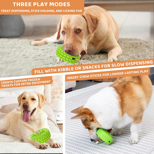 DFQ Tough Tire Chew Toy for Dogs,Interactive Treat Dispenser with Licking Zone and Stick Slot,Built for Power Chewers and Boredom Relief