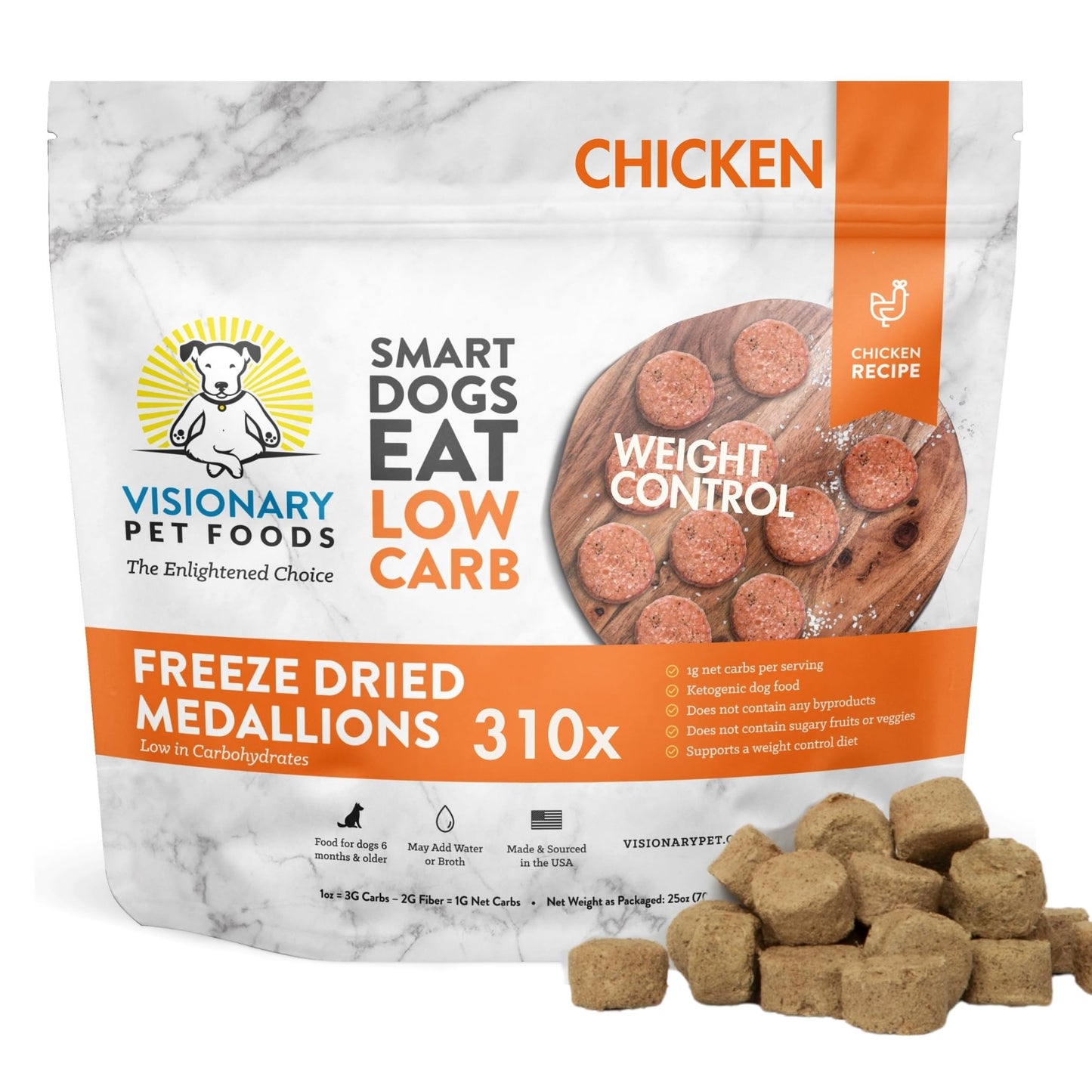 Visionary Pet Foods Chicken Freeze Dried Dog Treats - 310x Medallions Keto and Diabetic Friendly - Additive Free, Made in USA Low Carb, High Protein - Healthy Dog Training Treats, Resealable Bag