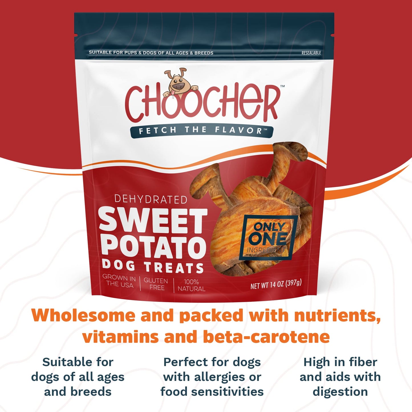 CHOOCHER Dehydrated Sweet Potato Dog Treats - High Fiber Gluten Free & Vegan Dental Chews for Small Medium Large Dogs - Made in USA Dog Chews for Training Teeth Cleaning & Healthy Digestion