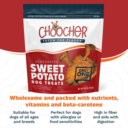 CHOOCHER Dehydrated Sweet Potato Dog Treats - High Fiber Gluten Free & Vegan Dental Chews for Small Medium Large Dogs - Made in USA Dog Chews for Training Teeth Cleaning & Healthy Digestion